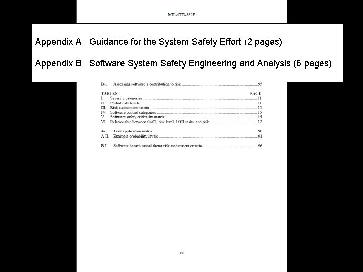 Appendix A Guidance for the System Safety Effort (2 pages) Appendix B Software System