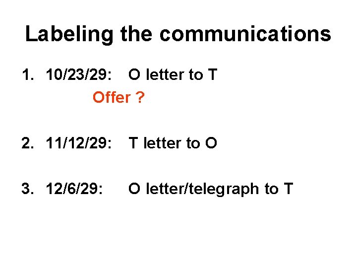 Labeling the communications 1. 10/23/29: O letter to T Offer ? 2. 11/12/29: T