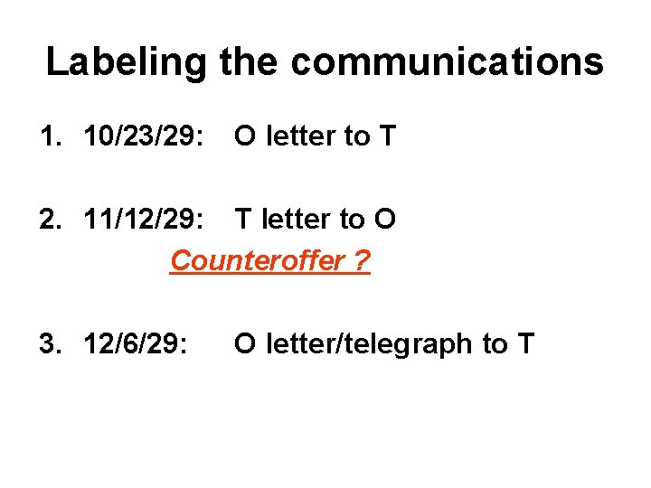 Labeling the communications 1. 10/23/29: O letter to T 2. 11/12/29: T letter to