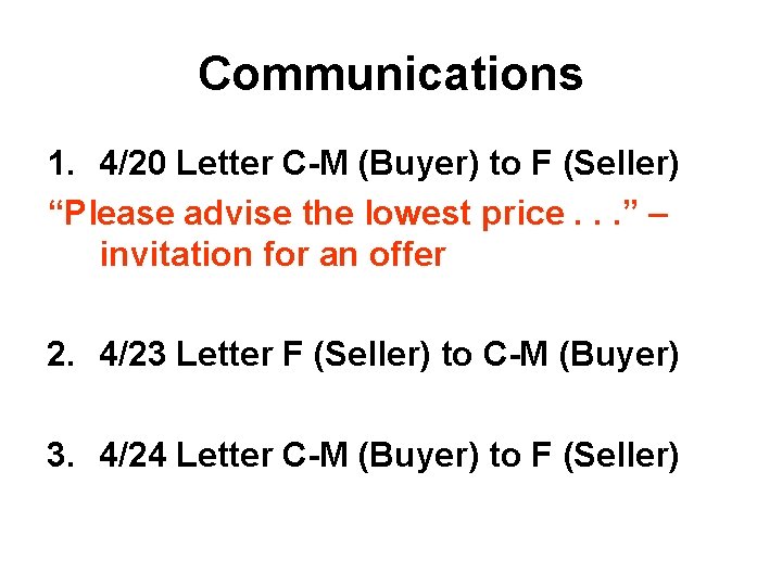 Communications 1. 4/20 Letter C-M (Buyer) to F (Seller) “Please advise the lowest price.