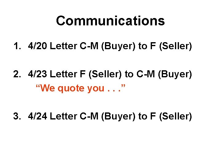 Communications 1. 4/20 Letter C-M (Buyer) to F (Seller) 2. 4/23 Letter F (Seller)