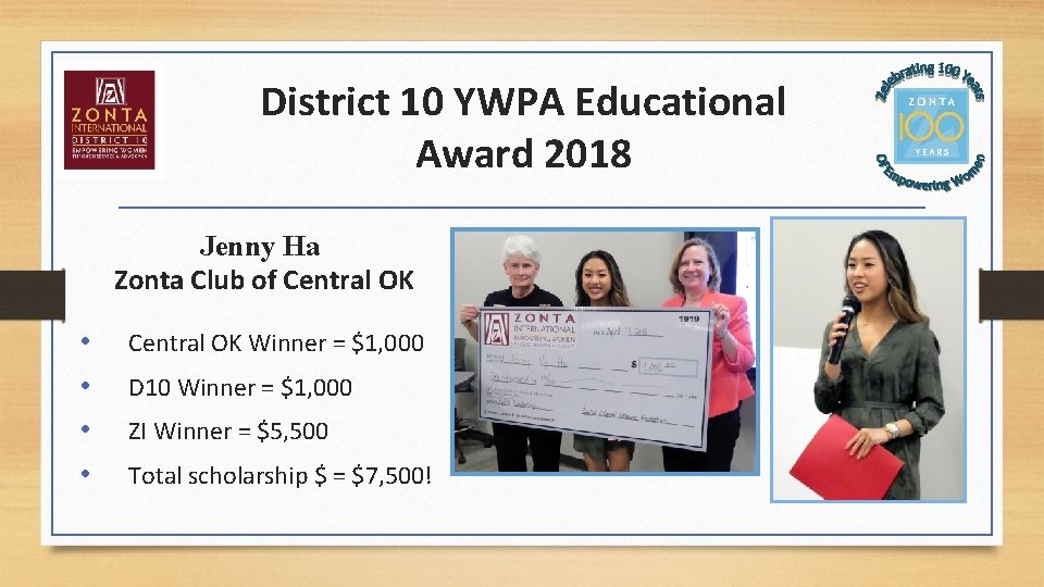 District 10 YWPA Educational Award 2018 Jenny Ha Zonta Club of Central OK •