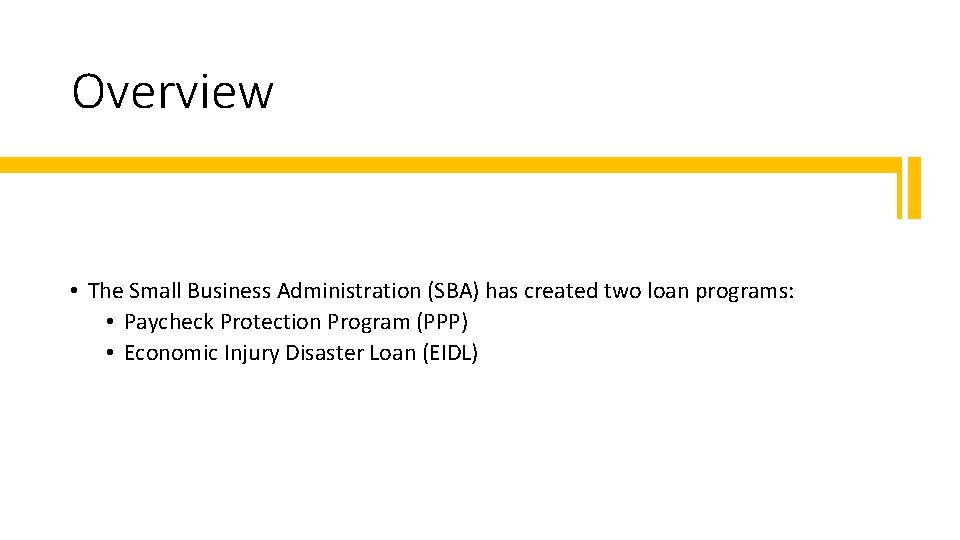 Overview • The Small Business Administration (SBA) has created two loan programs: • Paycheck