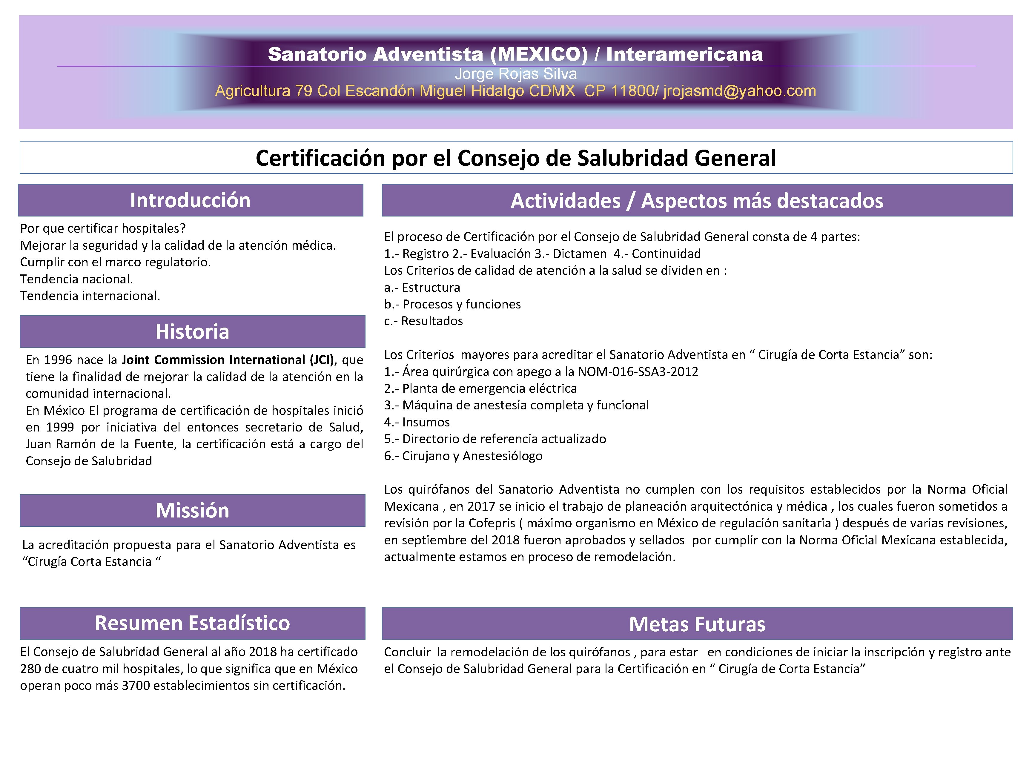Sanatorio Adventista (MEXICO) / Interamericana Jorge Rojas Silva Agricultura 79 Col Escandón Miguel Hidalgo