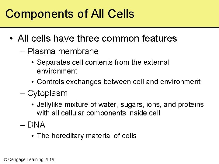 Components of All Cells • All cells have three common features – Plasma membrane