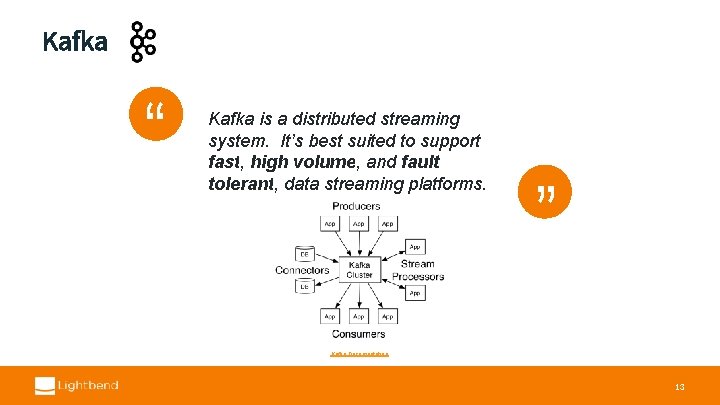 Kafka “ “ Kafka is a distributed streaming system. It’s best suited to support