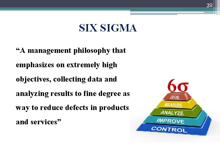 32 SIX SIGMA “A management philosophy that emphasizes on extremely high objectives, collecting data