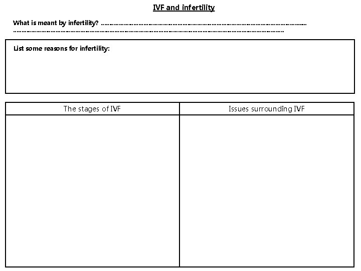 IVF and infertility What is meant by infertility? ……………………………………………………. . . . …………………………………………………………………………. List IVF and infertility What is meant by infertility? ……………………………………………………. . . . …………………………………………………………………………. List