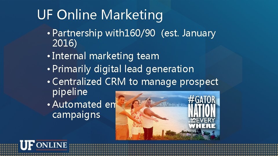 UF Online Marketing • Partnership with 160/90 (est. January 2016) • Internal marketing team