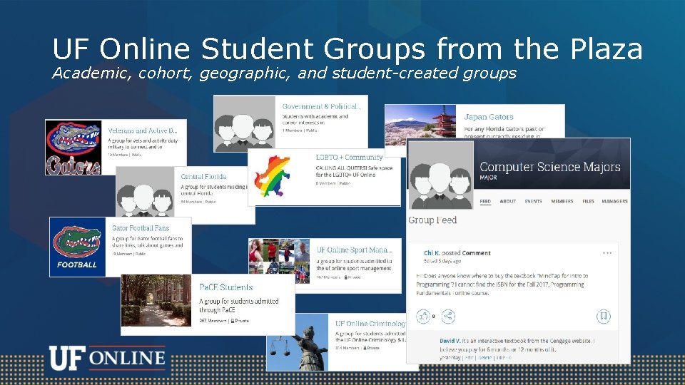 UF Online Student Groups from the Plaza Academic, cohort, geographic, and student-created groups 