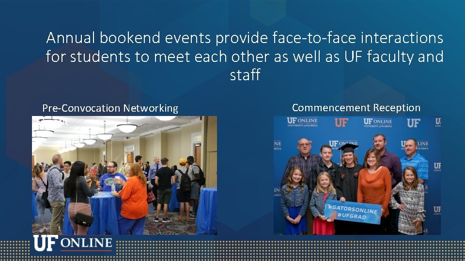 Annual bookend events provide face-to-face interactions for students to meet each other as well