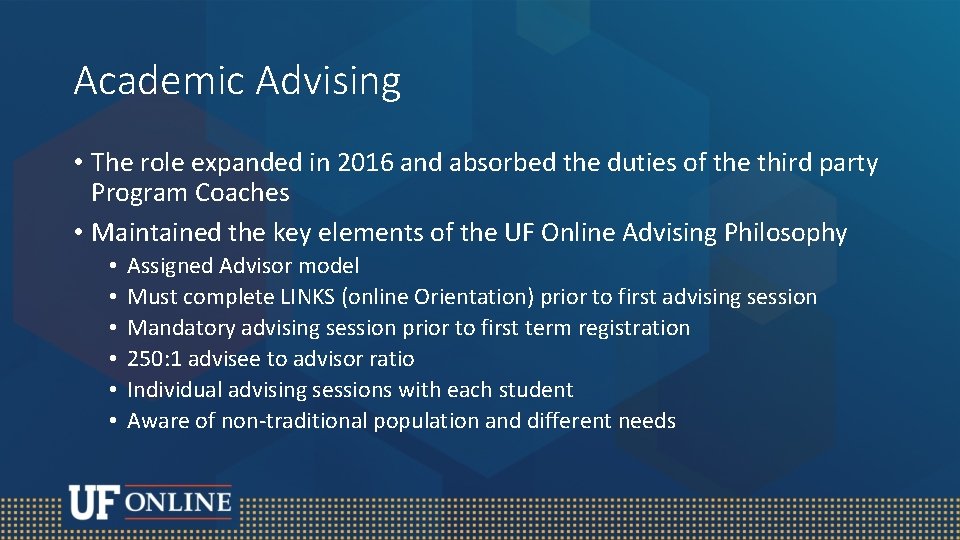 Academic Advising • The role expanded in 2016 and absorbed the duties of the