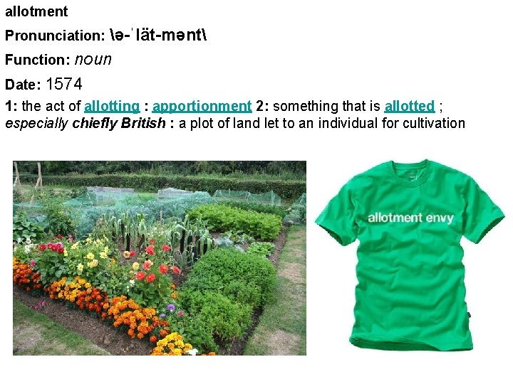 allotment Pronunciation: ə-ˈlät-mənt Function: noun Date: 1574 1: the act of allotting : apportionment