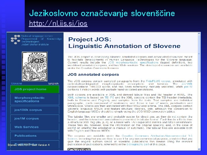 Jezikoslovno označevanje slovenščine http: //nl. ijs. si/jos Erjavec: MULTEXT-East Version 4 Dublin, 4. 4.