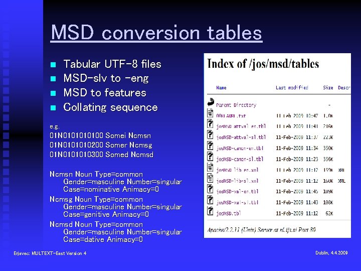 MSD conversion tables n n Tabular UTF-8 files MSD-slv to -eng MSD to features