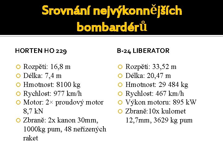 Srovnání nejvýkonnějších bombardérů HORTEN HO 229 B-24 LIBERATOR Rozpětí: 16, 8 m Délka: 7,