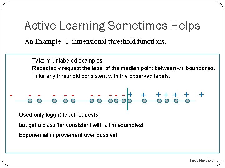 Active Learning Sometimes Helps An Example: 1 -dimensional threshold functions. Take m unlabeled examples