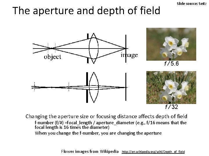 The aperture and depth of field Slide source: Seitz f / 5. 6 f