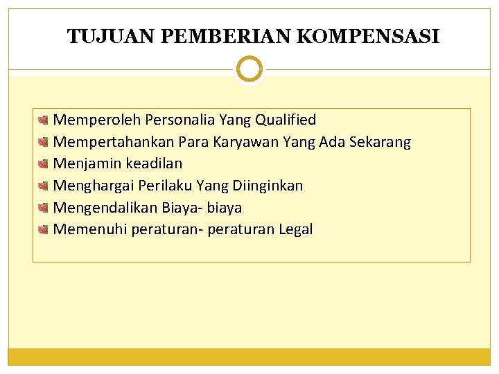 TUJUAN PEMBERIAN KOMPENSASI Memperoleh Personalia Yang Qualified Mempertahankan Para Karyawan Yang Ada Sekarang Menjamin