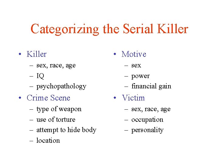 Categorizing the Serial Killer • Killer – sex, race, age – IQ – psychopathology