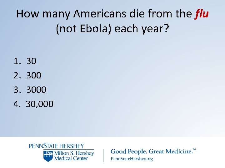 How many Americans die from the flu (not Ebola) each year? 1. 2. 3.