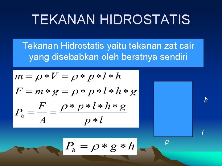 TEKANAN HIDROSTATIS Tekanan Hidrostatis yaitu tekanan zat cair yang disebabkan oleh beratnya sendiri h