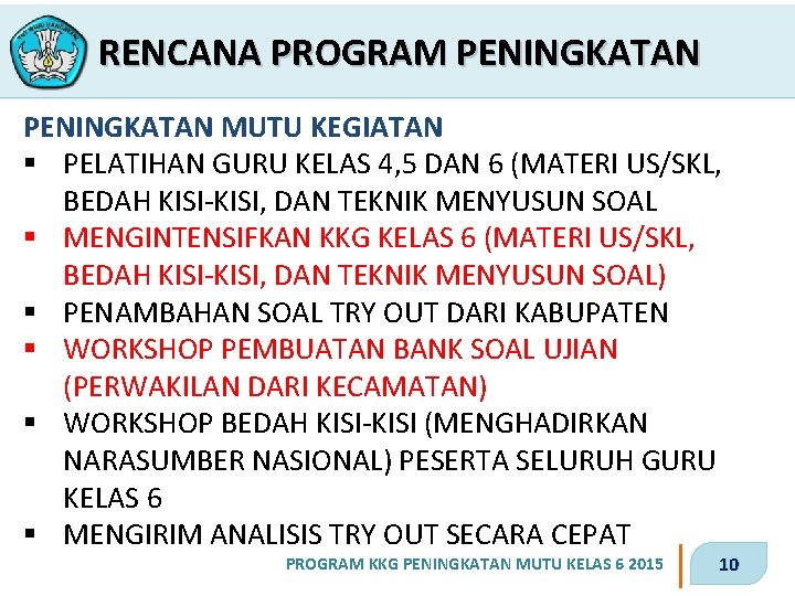 RENCANA PROGRAM PENINGKATAN MUTU KEGIATAN § PELATIHAN GURU KELAS 4, 5 DAN 6 (MATERI