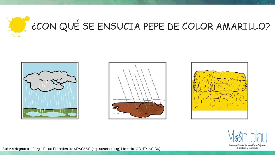 ¿CON QUÉ SE ENSUCIA PEPE DE COLOR AMARILLO? Autor pictogramas: Sergio Palao Procedencia: ARASAAC ¿CON QUÉ SE ENSUCIA PEPE DE COLOR AMARILLO? Autor pictogramas: Sergio Palao Procedencia: ARASAAC