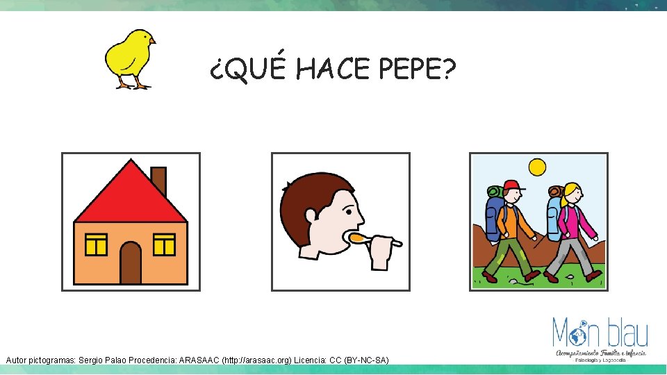 ¿QUÉ HACE PEPE? Autor pictogramas: Sergio Palao Procedencia: ARASAAC (http: //arasaac. org) Licencia: CC ¿QUÉ HACE PEPE? Autor pictogramas: Sergio Palao Procedencia: ARASAAC (http: //arasaac. org) Licencia: CC