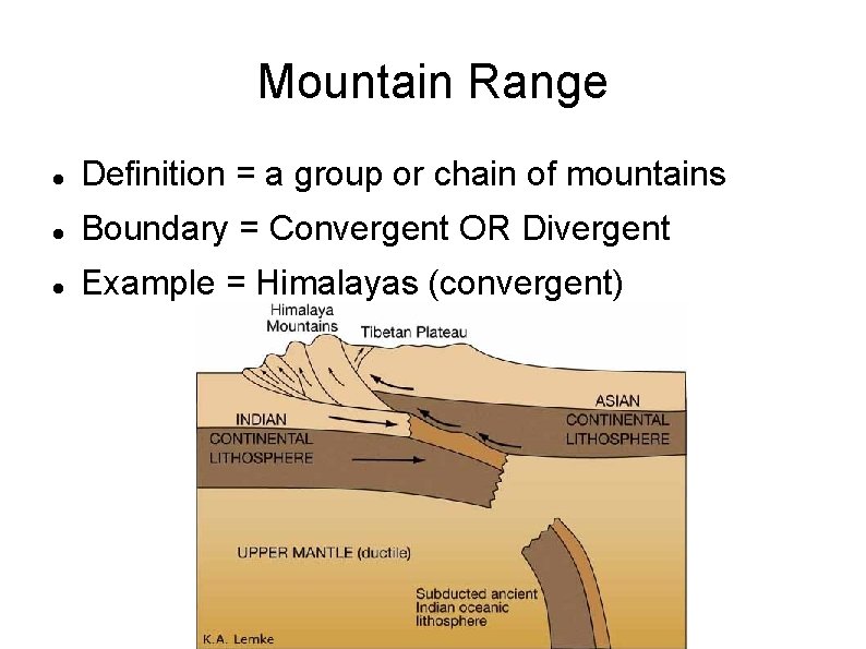Mountain Range Definition = a group or chain of mountains Boundary = Convergent OR