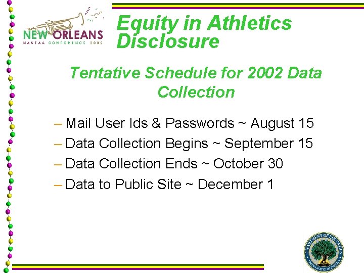 Equity in Athletics Disclosure Tentative Schedule for 2002 Data Collection – Mail User Ids