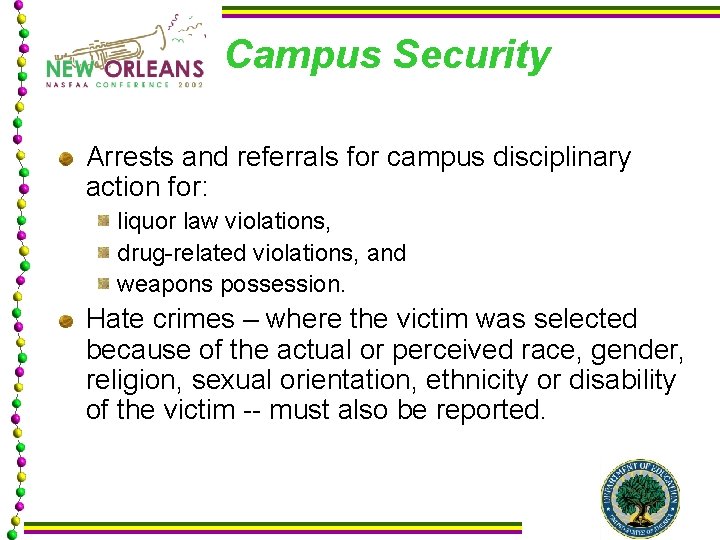 Campus Security Arrests and referrals for campus disciplinary action for: liquor law violations, drug-related