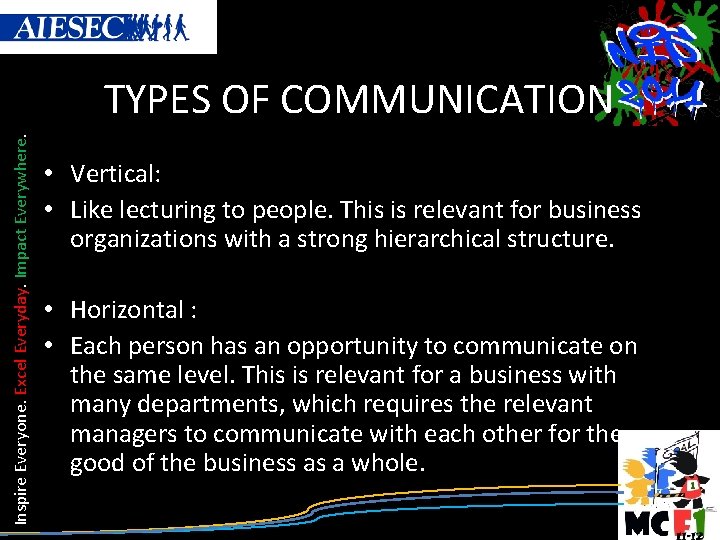 Inspire Everyone. Excel Everyday. Impact Everywhere. TYPES OF COMMUNICATION • Vertical: • Like lecturing