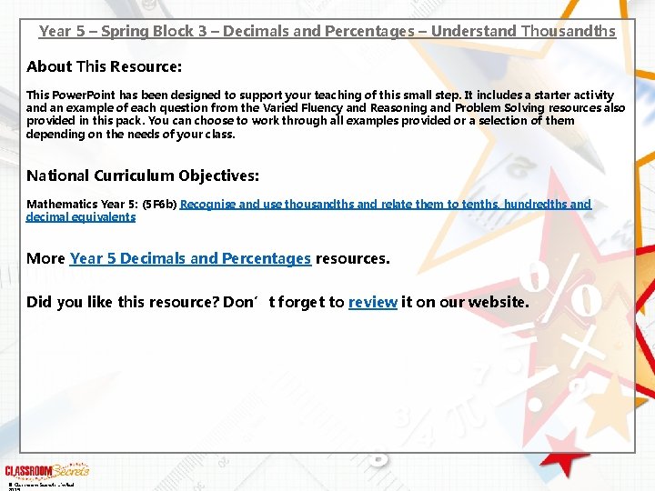 Year 5 – Spring Block 3 – Decimals and Percentages – Understand Thousandths About