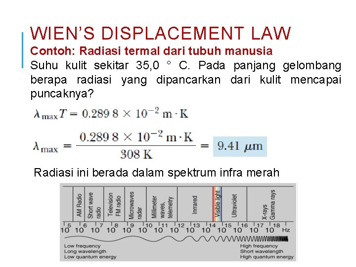 WIEN’S DISPLACEMENT LAW Contoh: Radiasi termal dari tubuh manusia Suhu kulit sekitar 35, 0