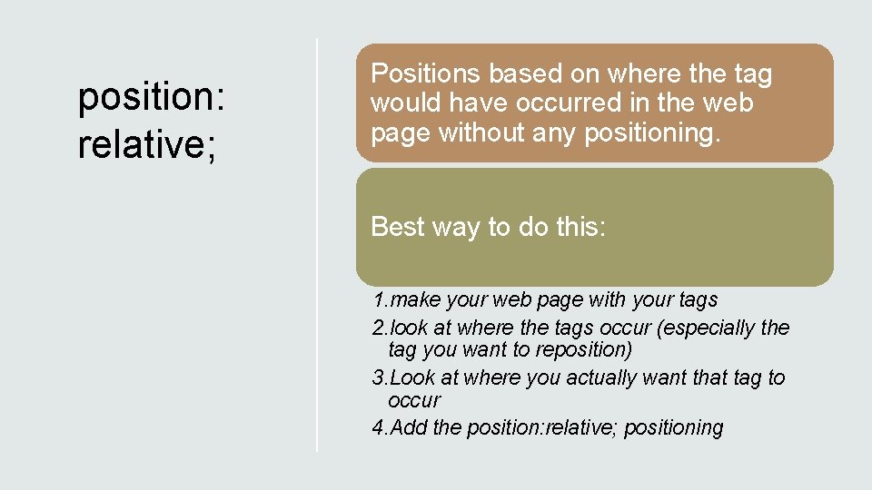 position: relative; Positions based on where the tag would have occurred in the web