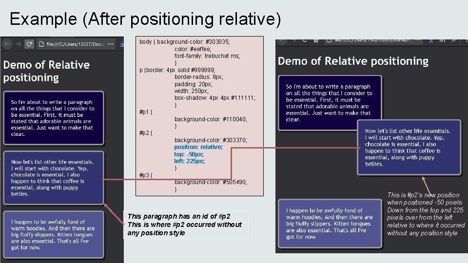 Example (After positioning relative) body { background-color: #303035; color: #eeffee; font-family: trebuchet ms; }