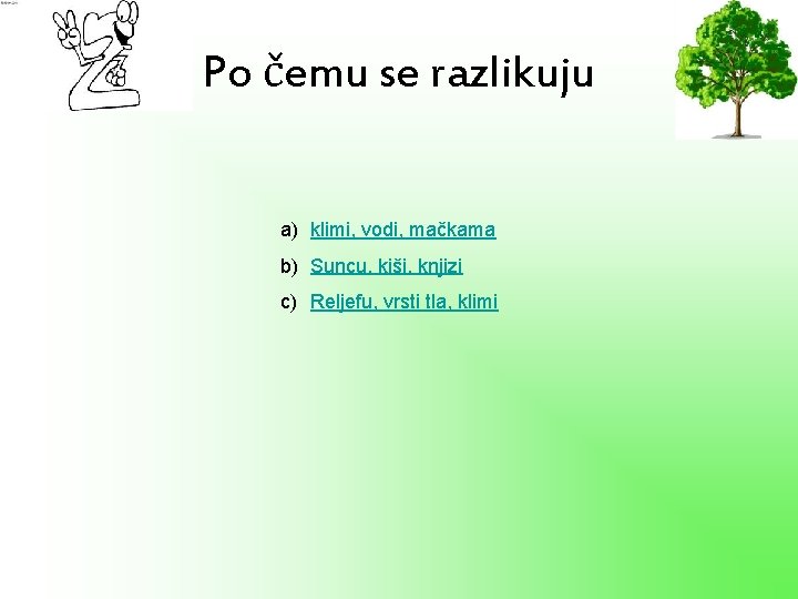 Po čemu se razlikuju a) klimi, vodi, mačkama b) Suncu, kiši, knjizi c) Reljefu,