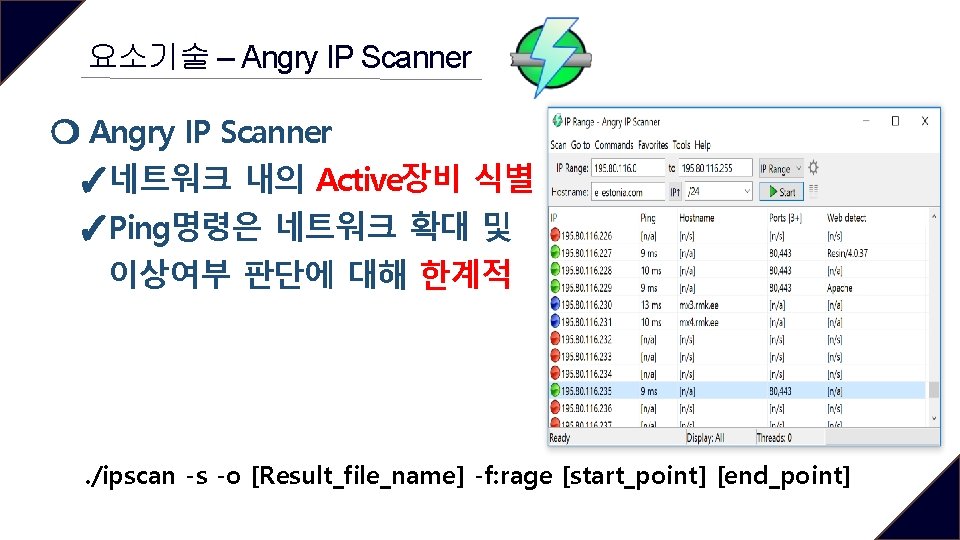 요소기술 – Angry IP Scanner ❍ Angry IP Scanner ✓네트워크 내의 Active장비 식별 ✓Ping명령은