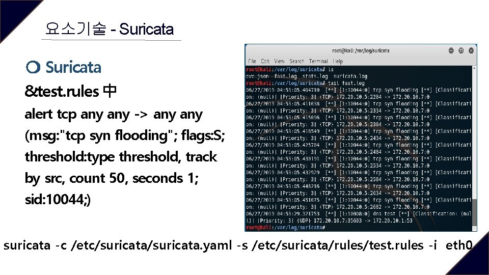 요소기술 - Suricata ❍ Suricata &test. rules 中 alert tcp any -> any (msg: