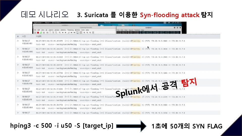 데모 시나리오 3. Suricata 를 이용한 Syn-flooding attack 탐지 공격자 PC hping 3 -c