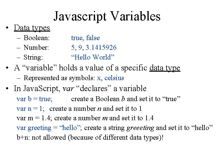  • Data types – Boolean: – Number: – String: Javascript Variables true, false