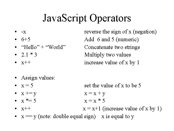 Java. Script Operators • • • -x 6+5 “Hello” + “World” 2. 1 *