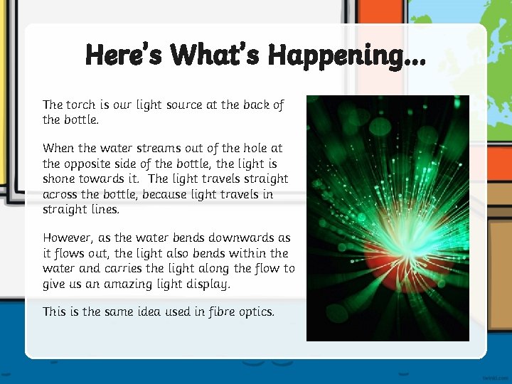 Here’s What’s Happening… The torch is our light source at the back of the