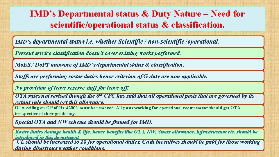 IMD’s Departmental status & Duty Nature – Need for scientific/operational status & classification. IMD’s