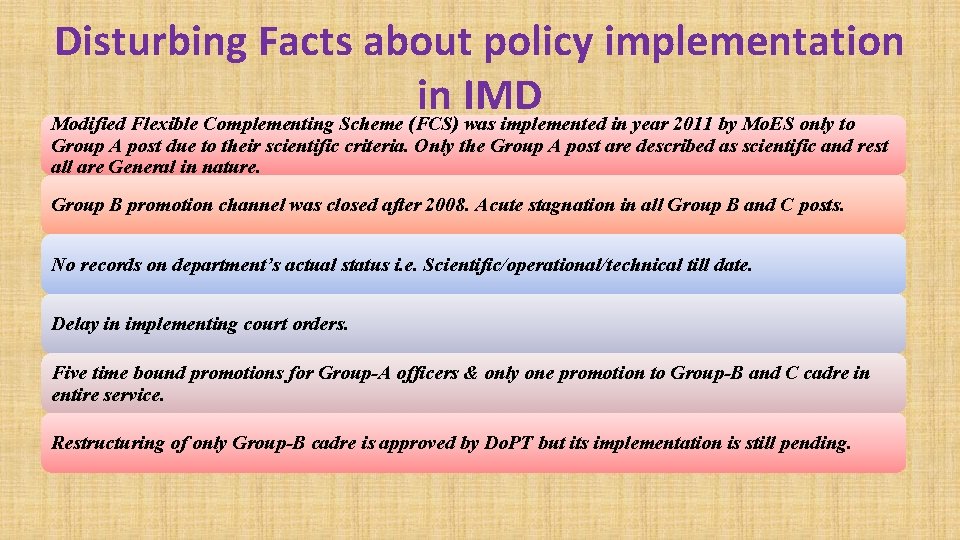 Disturbing Facts about policy implementation in IMD Modified Flexible Complementing Scheme (FCS) was implemented