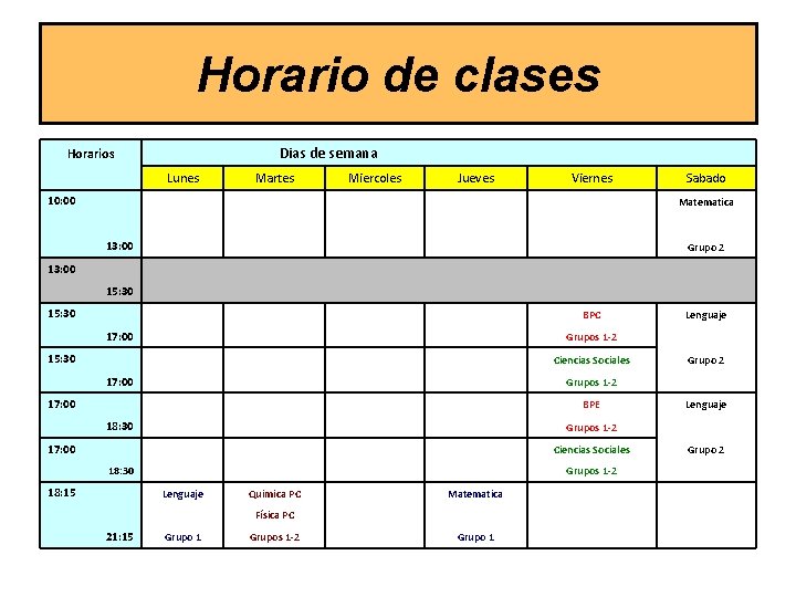 Horario de clases Dias de semana Horarios Lunes Martes Miercoles Jueves Viernes 10: 00