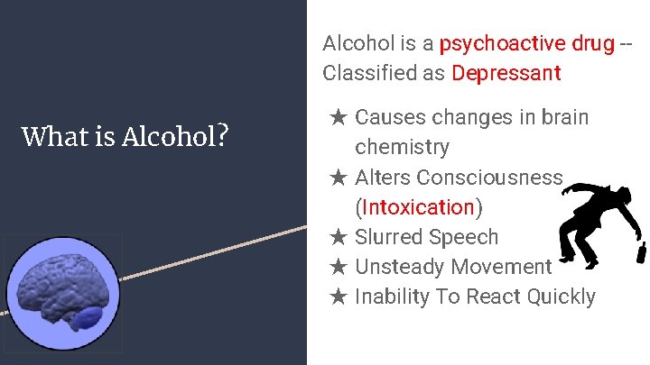 Alcohol is a psychoactive drug -Classified as Depressant What is Alcohol? ★ Causes changes