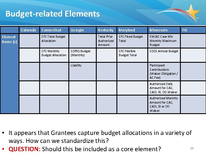 Budget-related Elements Colorado Element Name (s) Connecticut Georgia CFC Total Budget Allocation CFC Monthly