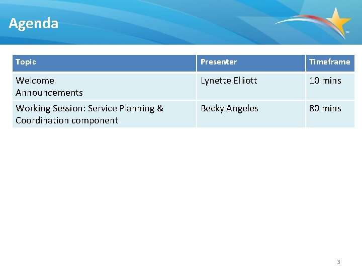 Agenda Topic Presenter Timeframe Welcome Announcements Lynette Elliott 10 mins Working Session: Service Planning